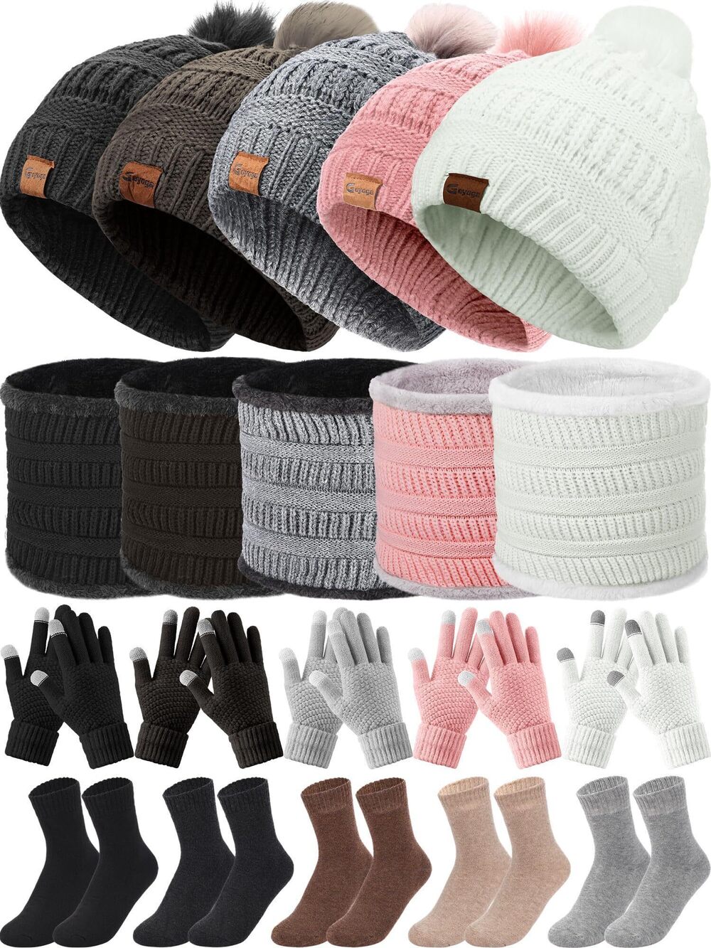 2348 20pcs Winter Hat Scarf Gloves Sock Set Knit Beanie Hat Touchscreen